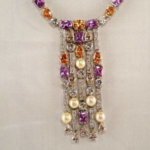 New HSN Pearls, Lite Pink, Orenge, Purple Cubic Zirconias Necklace